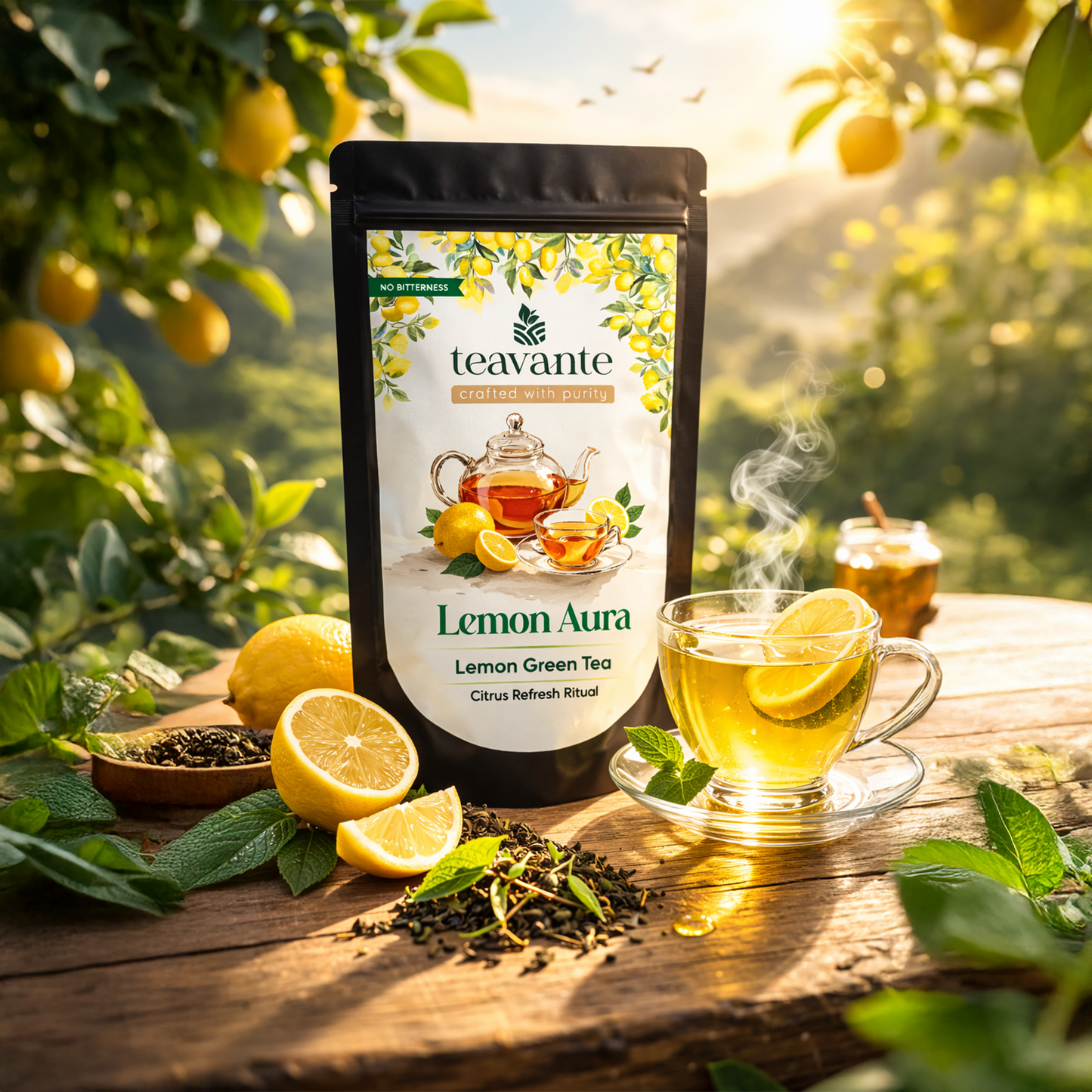 Lemon Aura green tea with lemon packaging