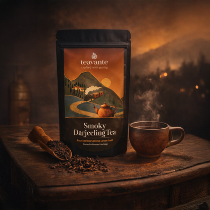 Smoky Darjeeling roasted tea loose leaves close-up